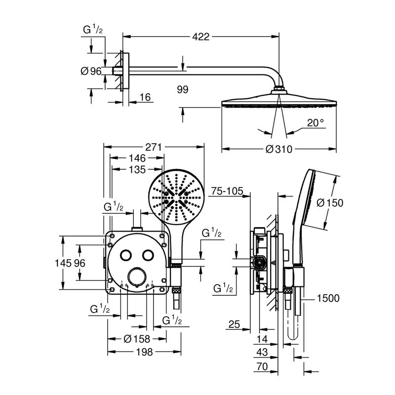 Casa si Gradina - Sanitare - Cazi si cabine de dus - Coloane si seturi de dus - Sistem de dus Grohe 34877000, 310 mm, 1 bar, 130 mm, 1.5 m, 135 mm, 422 mm, 1 functii palarie dus, Crom - Infinity.ro