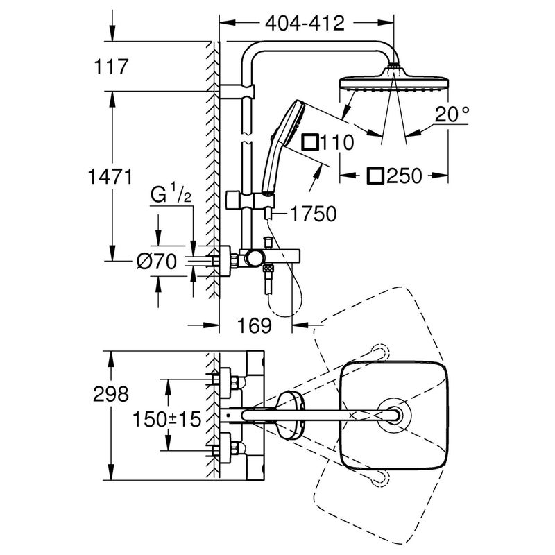 Casa si Gradina - Sanitare - Cazi si cabine de dus - Coloane si seturi de dus - Sistem de dus Grohe 26984001, 250 mm, 1 bar, 110 mm, 1.75 m, 1588 mm, 412 mm, 1 functii palarie dus, Crom - Infinity.ro