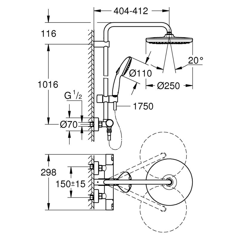 Casa si Gradina - Sanitare - Cazi si cabine de dus - Coloane si seturi de dus - Sistem de dus Grohe 26677001, 250 mm, 1 bar, 110 mm, 1.75 m, 1132 mm, 412 mm, 1 functii palarie dus, Crom - Infinity.ro