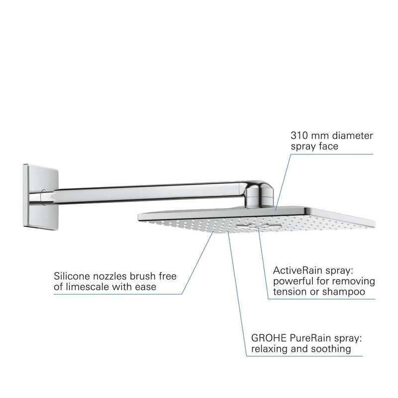 Casa si Gradina - Sanitare - Cazi si cabine de dus - Coloane si seturi de dus - Dus fix Grohe 26479000, 310 mm, 1 bar, 430 mm, 2 pulverizari, 26484000 cod valva incastrata, pivotant, Crom - Infinity.ro