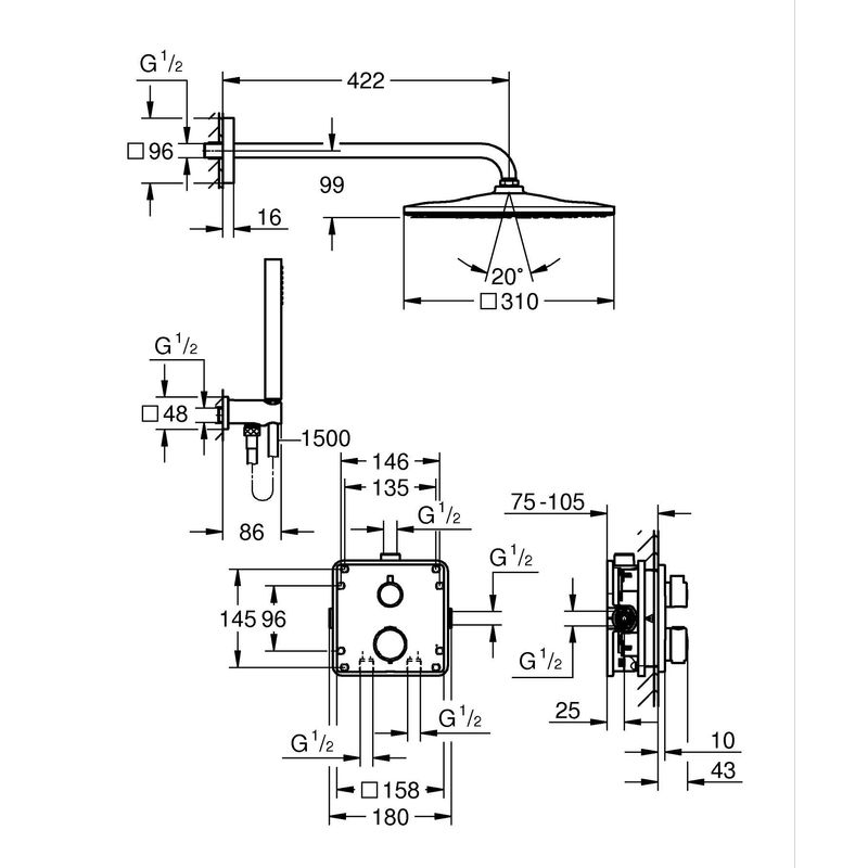 Casa si Gradina - Sanitare - Cazi si cabine de dus - Coloane si seturi de dus - Sistem dus Grohe 348812430, 310 mm, 1.2 bar, 30 mm, 1.5 m, 422 mm, 1 functii palarie dus, 1 functii para dus, Negru - Infinity.ro