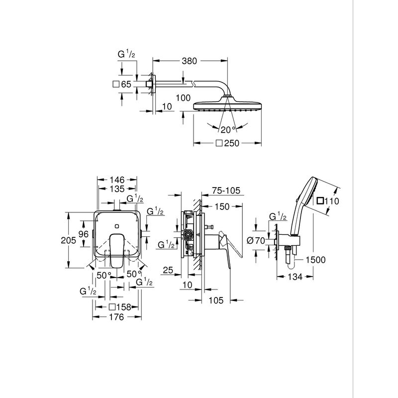 Casa si Gradina - Sanitare - Cazi si cabine de dus - Coloane si seturi de dus - Sistem dus Grohe 1053362430, 250 mm, 1 bar, 110 mm, 1.5 m, 380 mm, 1 functii palarie dus, 3 functii para dus, Negru - Infinity.ro