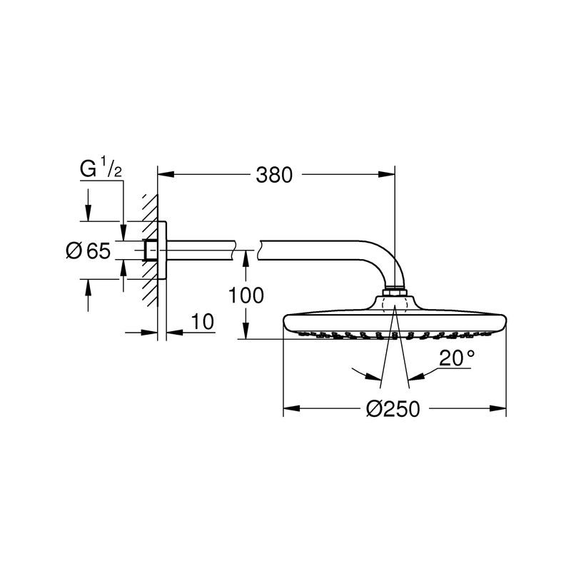 Casa si Gradina - Sanitare - Cazi si cabine de dus - Coloane si seturi de dus - Dus fix Grohe 26663000, 250 mm, 1 bar, 380 mm, 1 pulverizari, 1 functii, 1/2 conexiune instalare, Crom - Infinity.ro