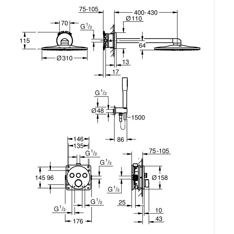 Casa si Gradina - Sanitare - Cazi si cabine de dus - Coloane si seturi de dus - Sistem dus Grohe 348742430, 310 mm, 1.2 bar, 30 mm, 1.5 m, 430 mm, 2 functii palarie dus, 1 functii para dus, Negru - Infinity.ro