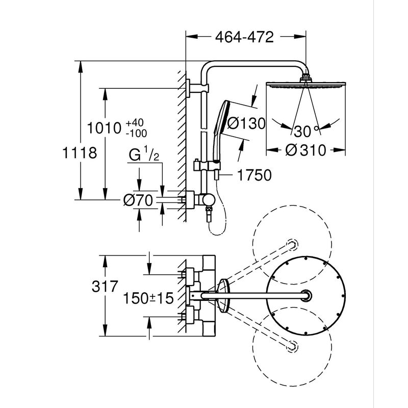 Casa si Gradina - Sanitare - Cazi si cabine de dus - Coloane si seturi de dus - Sistem dus Grohe 27968001, 310 mm, 1 bar, 130 mm, 1.75 m, 1118 mm, 472 mm, 1 functii palarie dus, Crom - Infinity.ro