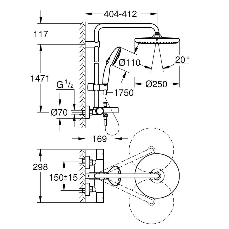 Casa si Gradina - Sanitare - Cazi si cabine de dus - Coloane si seturi de dus - Sistem dus Grohe 269882431, 250 mm, 1 bar, 110 mm, 1.75 m, 1588 mm, 412 mm, 1 functii palarie dus, Negru - Infinity.ro
