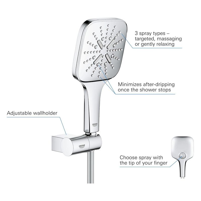 Casa si Gradina - Sanitare - Cazi si cabine de dus - Coloane si seturi de dus - Set para de dus Grohe 26588000, 130 mm, 1.5 m, 233 mm, 3 functii, 1/2 racord, sistem anticalcar, Crom - Infinity.ro