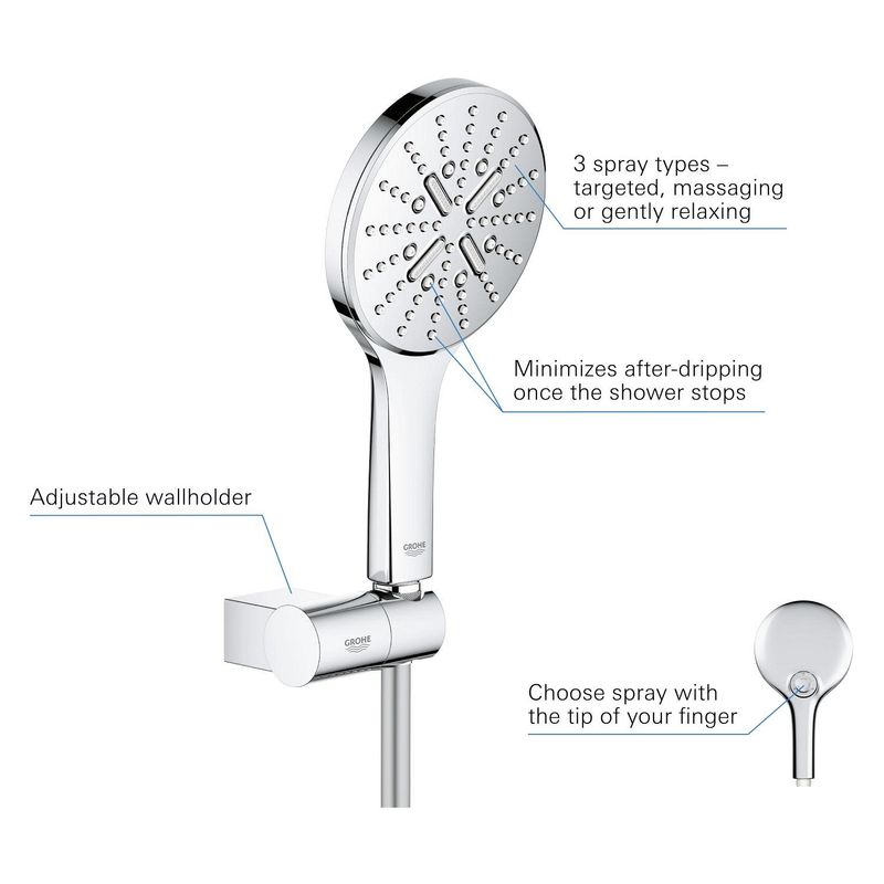 Casa si Gradina - Sanitare - Cazi si cabine de dus - Coloane si seturi de dus - Set para dus Grohe 26580000, 130 mm, 1.5 m, 247 mm, 3 functii, 1/2 racord, sistem anticalcar, suport dus reglabil, Crom - Infinity.ro