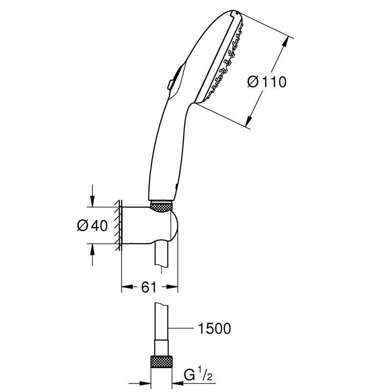 Casa si Gradina - Sanitare - Cazi si cabine de dus - Coloane si seturi de dus - Para de dus Grohe 26919003, 110 mm, 1.5 m, 211 mm, 2 functii, 1/2 racord, sistem anticalcar, universal, Crom - Infinity.ro