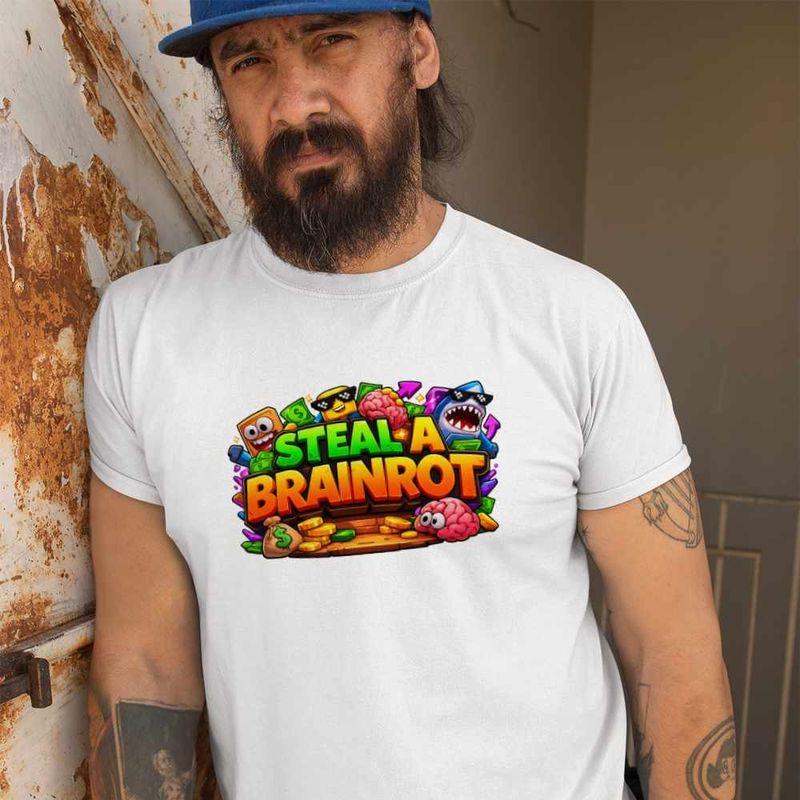 Fashion, accesorii si bijuterii - Barbati - Imbracaminte - Tricouri si bluze barbati - Tricou Barbati Steal a Brainrot Roblox Meme, alb, marime S - Infinity.ro