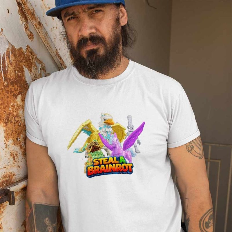 Fashion, accesorii si bijuterii - Barbati - Imbracaminte - Tricouri si bluze barbati - Tricou Barbati Steal a Brainrot Roblox Griffin Pegasus Meme, alb, marime 2XL - Infinity.ro