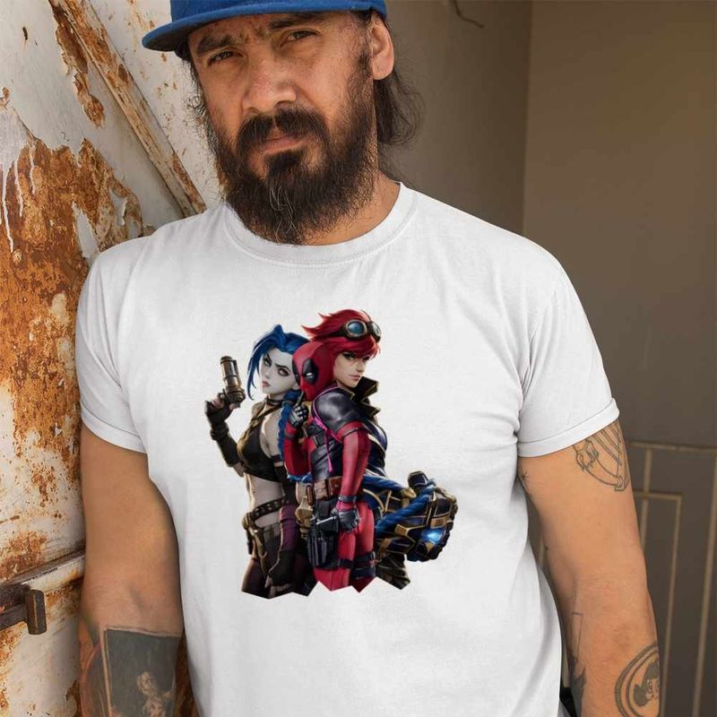 Fashion, accesorii si bijuterii - Barbati - Imbracaminte - Tricouri si bluze barbati - Tricou Barbati Jinx Vi Deadpool Arcane Runeterra, alb, marime S - Infinity.ro