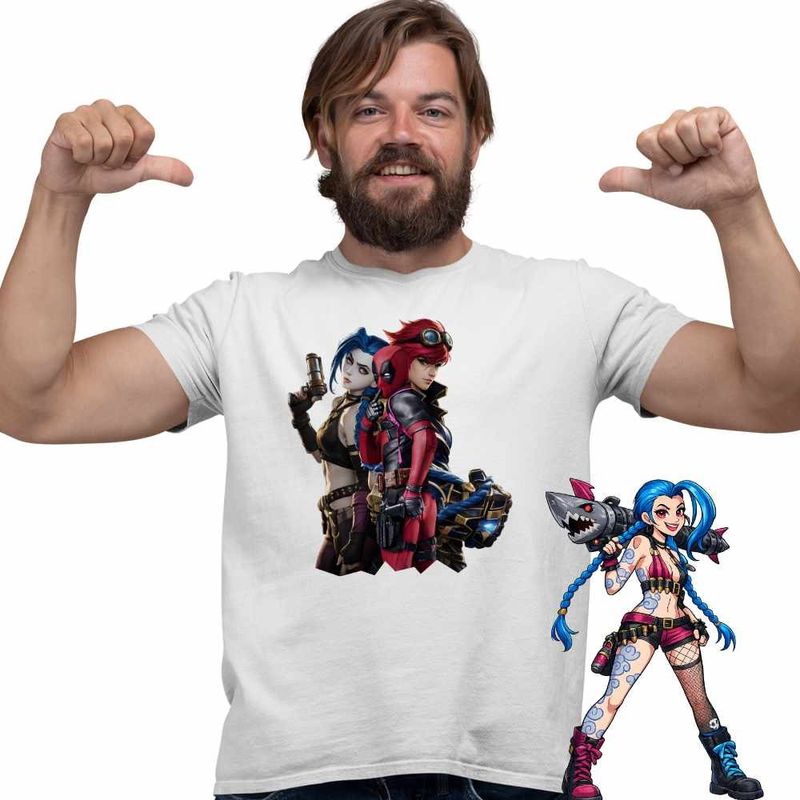 Fashion, accesorii si bijuterii - Barbati - Imbracaminte - Tricouri si bluze barbati - Tricou Barbati Jinx Vi Deadpool Arcane Runeterra, alb, marime S - Infinity.ro