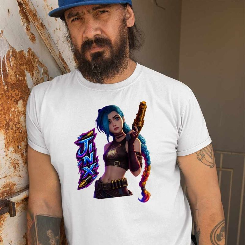 Fashion, accesorii si bijuterii - Barbati - Imbracaminte - Tricouri si bluze barbati - Tricou Barbati Arcane Runeterra Jinx, alb, marime S - Infinity.ro