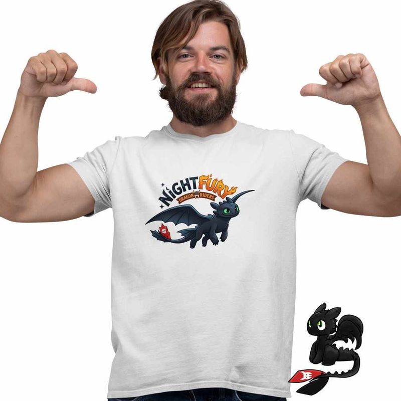 Fashion, accesorii si bijuterii - Barbati - Imbracaminte - Tricouri si bluze barbati - Tricou Barbati Night Fury Toothless How to train your dragon, alb, marime L - Infinity.ro