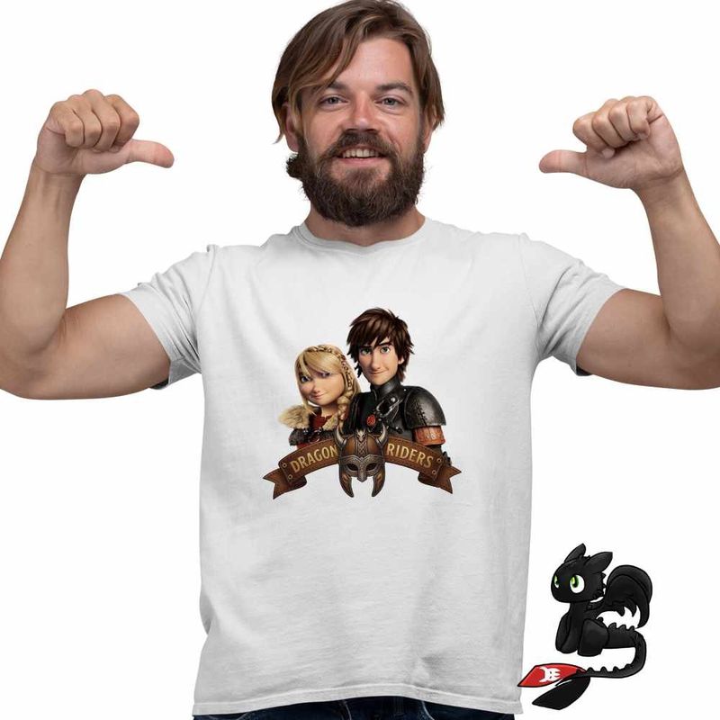 Fashion, accesorii si bijuterii - Barbati - Imbracaminte - Tricouri si bluze barbati - Tricou Barbati Dragon Riders Hiccup Astrid How to train your dragon, alb, marime 2XL - Infinity.ro