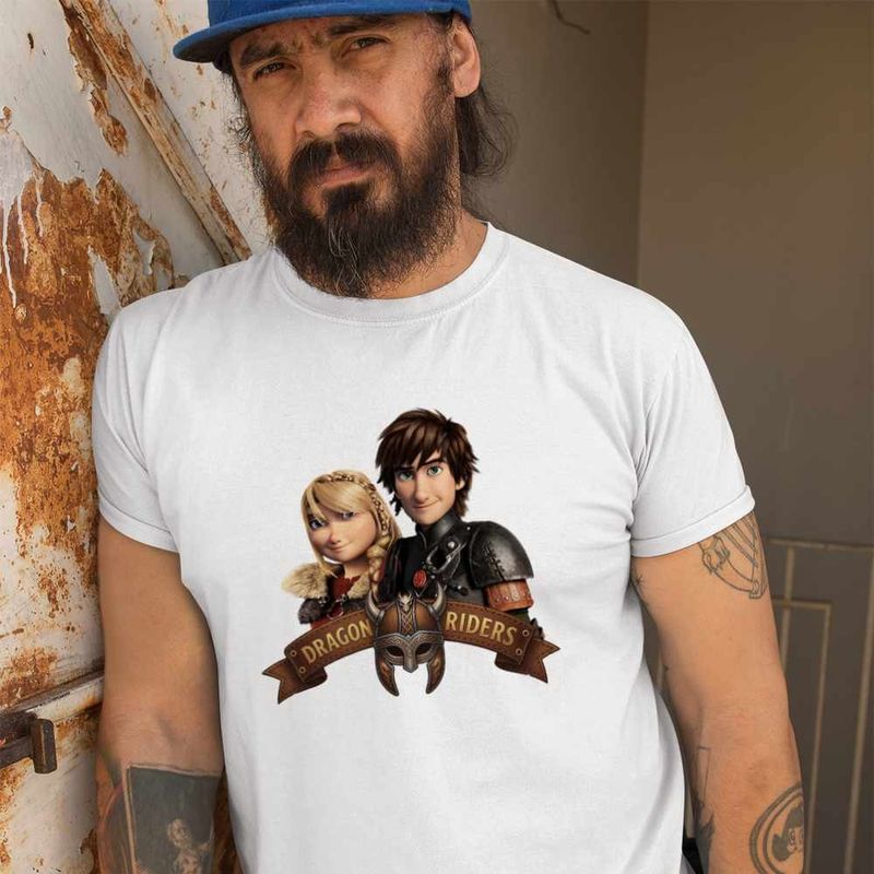 Fashion, accesorii si bijuterii - Barbati - Imbracaminte - Tricouri si bluze barbati - Tricou Barbati Dragon Riders Hiccup Astrid How to train your dragon, alb, marime 2XL - Infinity.ro