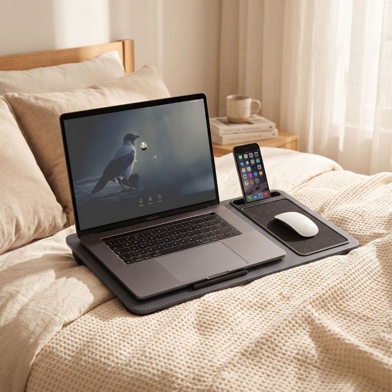 Laptop, Telefoane si Tablete - Laptopuri si accesorii - Accesorii Laptop - Standuri/Coolere notebook - Masuta portabila pentru laptop, cu pernuta si mousepad, gri, 57.5x30.5x4 cm - Infinity.ro
