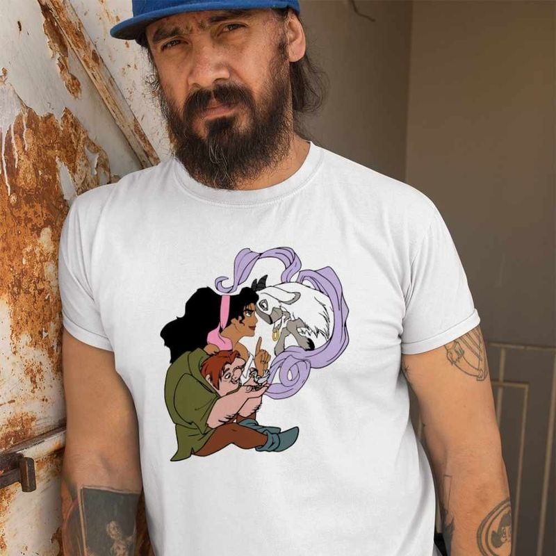 Fashion, accesorii si bijuterii - Barbati - Imbracaminte - Tricouri si bluze barbati - Tricou Barbati Cocosatul de la Notre-Dame Quasimodo Esmeralda Djali, alb, marime 3XL - Infinity.ro