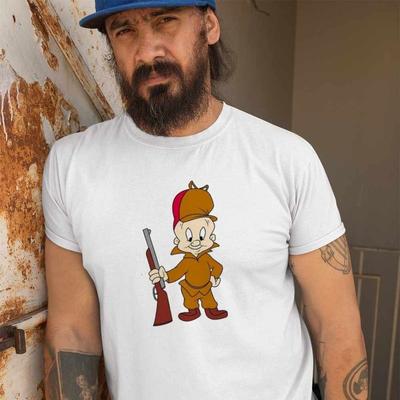 Fashion, accesorii si bijuterii - Barbati - Imbracaminte - Tricouri si bluze barbati - Tricou Barbati Bugs Bunny Elmer Fudd Vanator, alb, marime M - Infinity.ro
