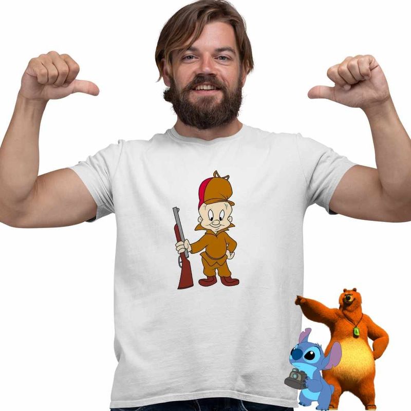 Fashion, accesorii si bijuterii - Barbati - Imbracaminte - Tricouri si bluze barbati - Tricou Barbati Bugs Bunny Elmer Fudd Vanator, alb, marime M - Infinity.ro