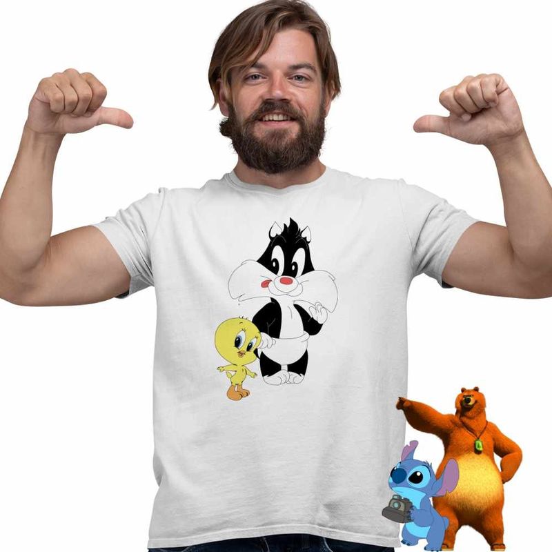 Fashion, accesorii si bijuterii - Barbati - Imbracaminte - Tricouri si bluze barbati - Tricou Barbati Tweety Sylvester Scutec, alb, marime S - Infinity.ro