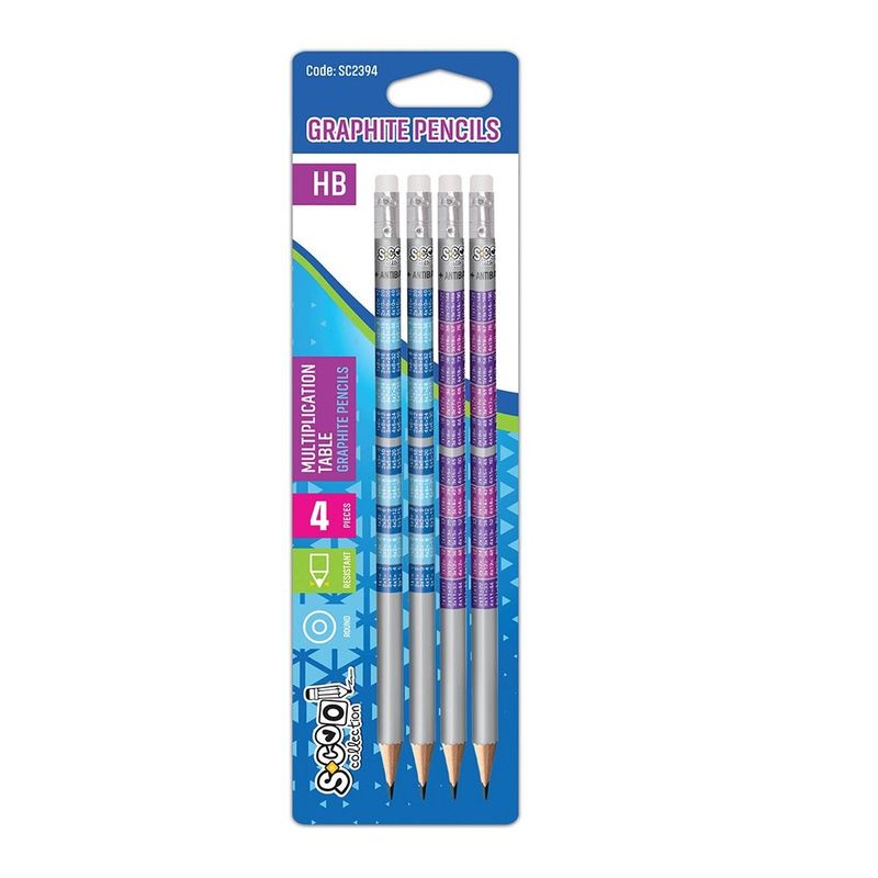 Carti si Birotica - Birotica - Instrumente de scris - Creioane - Set 4 Creioane Grafit HB S-COOL cu Radiera si Tabla Inmultirii, Corp Rotund din Lemn Preascutit, Blister - Infinity.ro