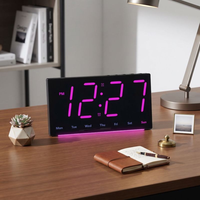 Casa si Gradina - Decoratiuni - Ceasuri - Ceas digital LED de perete si birou carcasa neagra lumina violet afisaj ora data temperatura dubla alarma lumina veghe - Infinity.ro