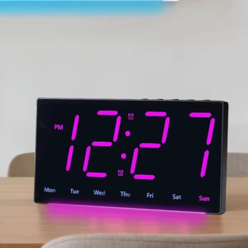 Casa si Gradina - Decoratiuni - Ceasuri - Ceas digital LED de perete si birou carcasa neagra lumina violet afisaj ora data temperatura dubla alarma lumina veghe - Infinity.ro