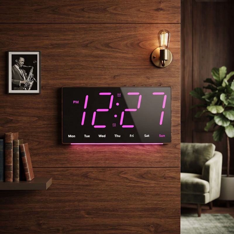 Casa si Gradina - Decoratiuni - Ceasuri - Ceas digital LED de perete si birou carcasa neagra lumina violet afisaj ora data temperatura dubla alarma lumina veghe - Infinity.ro