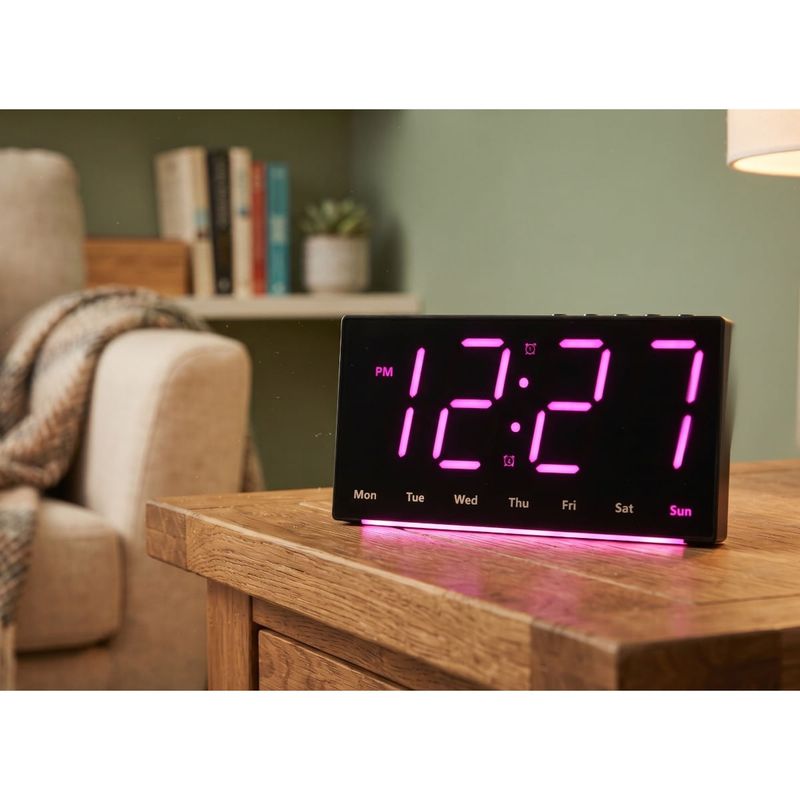 Casa si Gradina - Decoratiuni - Ceasuri - Ceas digital LED de perete si birou carcasa neagra lumina violet afisaj ora data temperatura dubla alarma lumina veghe - Infinity.ro