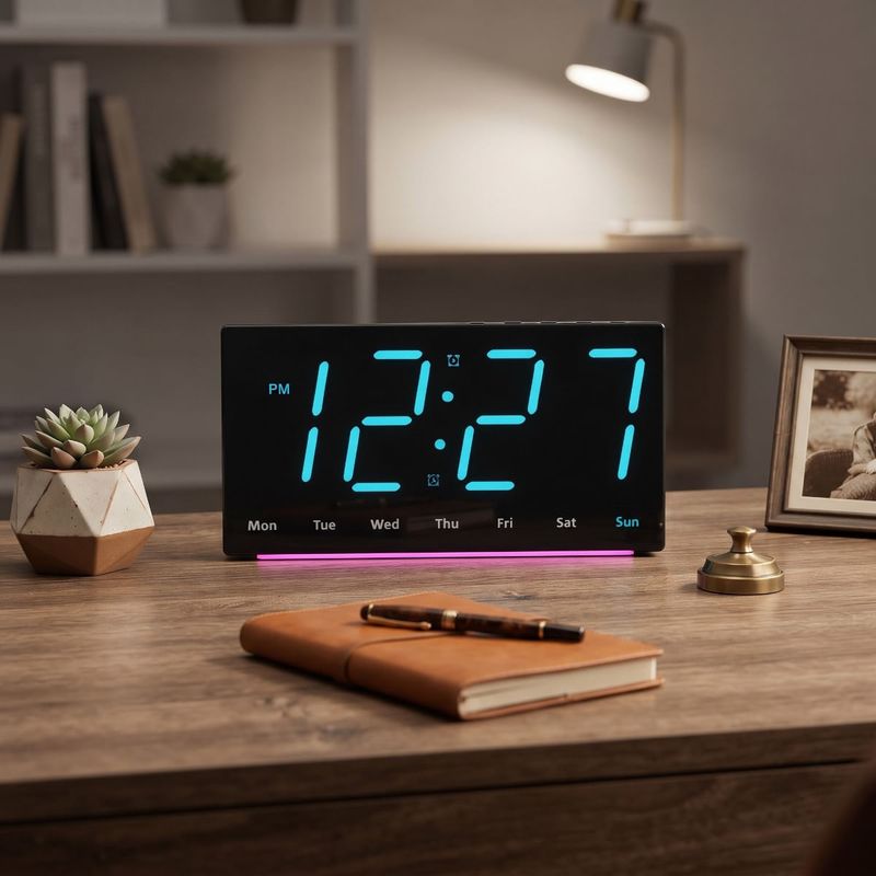 Casa si Gradina - Decoratiuni - Ceasuri - Ceas digital LED de perete si birou carcasa neagra lumina albastra afisaj ora data temperatura dubla alarma lumina veghe - Infinity.ro