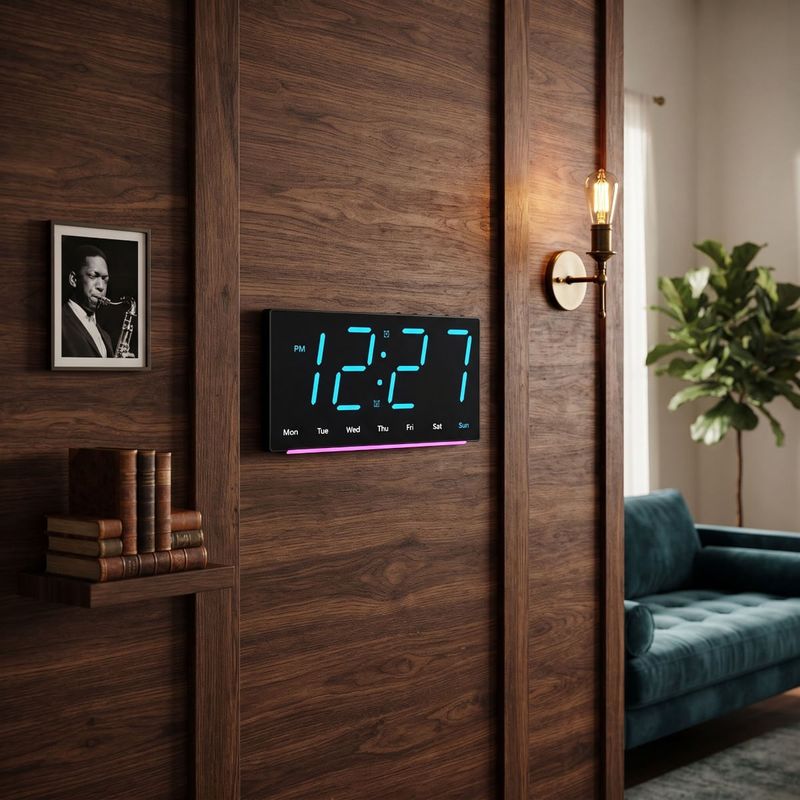 Casa si Gradina - Decoratiuni - Ceasuri - Ceas digital LED de perete si birou carcasa neagra lumina albastra afisaj ora data temperatura dubla alarma lumina veghe - Infinity.ro