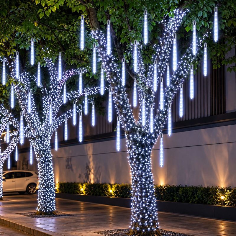 Casa si Gradina - Corpuri si surse de iluminat - Iluminat exterior - Instalatii luminoase exterior - Instalatie de Craciun Ploaie de Meteori, 8 Turturi LED luminosi, Lungime 50cm, Alb Rece - Infinity.ro