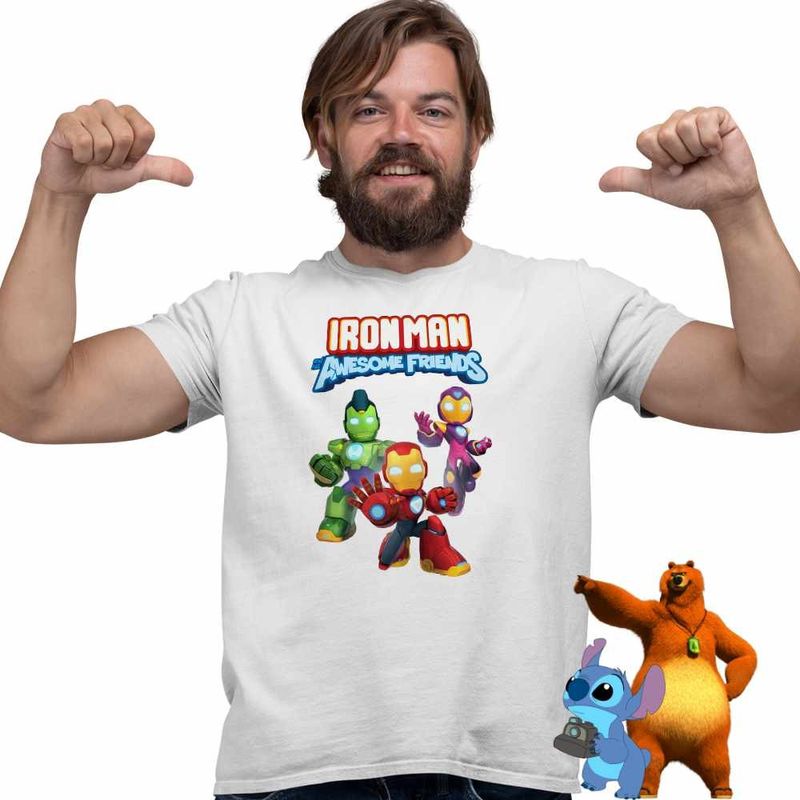 Fashion, accesorii si bijuterii - Barbati - Imbracaminte - Tricouri si bluze barbati - Tricou Barbati Iron Man Awesome Friends, alb, marime L - Infinity.ro