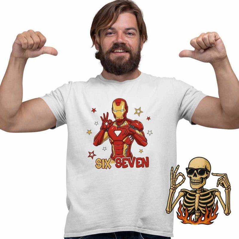 Fashion, accesorii si bijuterii - Barbati - Imbracaminte - Tricouri si bluze barbati - Tricou Barbati Six Seven Iron Man 67 Marvel Superhero, alb, marime 2XL - Infinity.ro