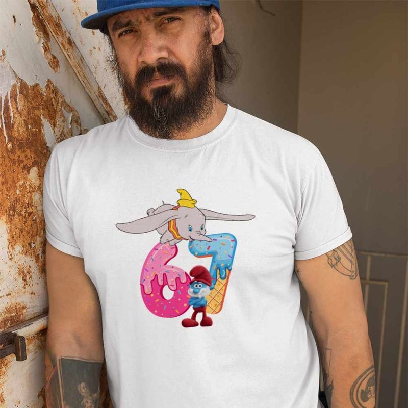 Fashion, accesorii si bijuterii - Barbati - Imbracaminte - Tricouri si bluze barbati - Tricou Barbati Dumbo Six Seven Papa Strumf 67 Sase Sapte, alb, marime M - Infinity.ro