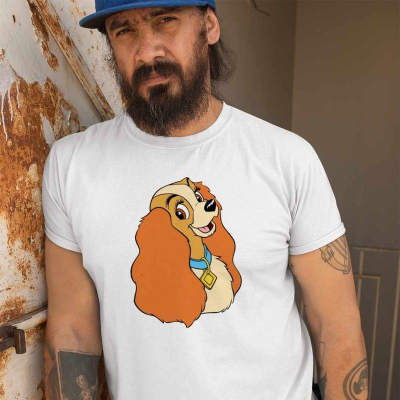 Fashion, accesorii si bijuterii - Barbati - Imbracaminte - Tricouri si bluze barbati - Tricou Barbati Doamna si Vagabondul Cocker Spaniel Catel, alb, marime 3XL - Infinity.ro