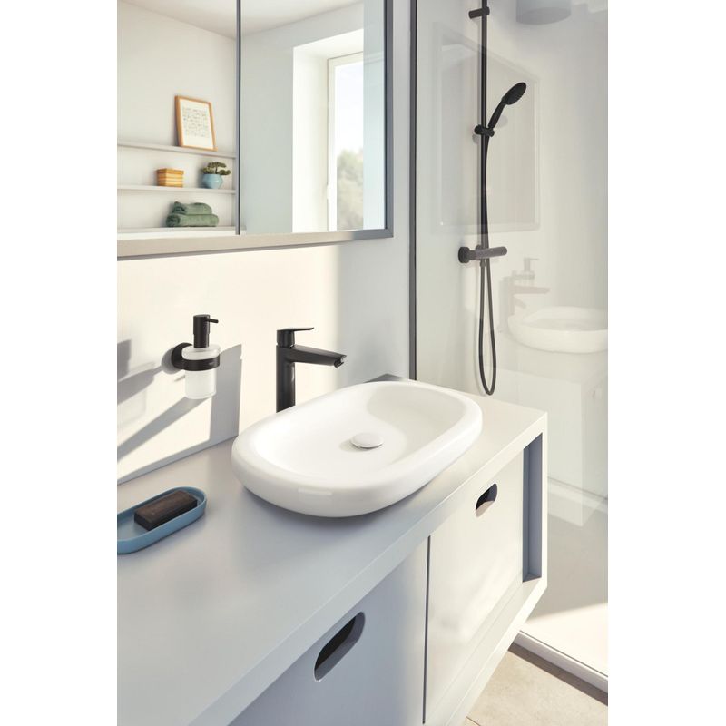 Casa si Gradina - Sanitare - Suporturi si accesorii baie - Dispensere - Dozator sapun Grohe 411882430, 144 mm, 126 mm, 2 orificii instalare, 160 volum ml, pe suport, sticla, metal, Negru - Infinity.ro