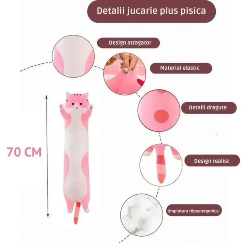 Jucarii, Copii si Bebe - Jucarii si jocuri - Jucarii de plus - Jucarie pisica plus lunga ABYZ 70 cm, tip perna, roz-alb, lavabila, umplutura hipoalergenica, 3+ ani - Infinity.ro