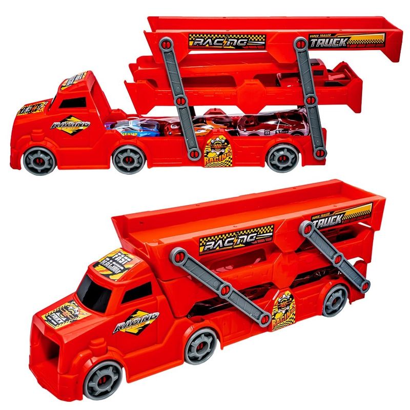 Jucarii, Copii si Bebe - Jucarii si jocuri - Vehicule si jucarii cu telecomanda - Masinute - Camion Transportor Auto cu Rampa Lansatoare, 3 Masinute Metalice si Camioneta Lansator, 3 Niveluri de Incarcare - Infinity.ro