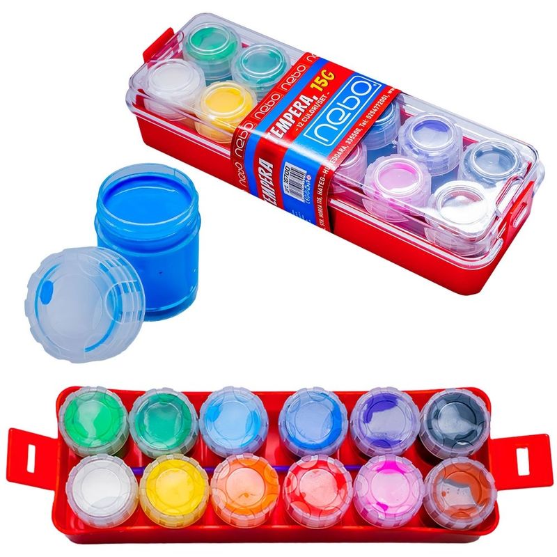 Carti si Birotica - Rechizite - Pictura si desen - Acuarele si culori - Culori Tempera Lavabile NEBO, 12 Culori x 15g, Recipiente Plastice cu Capac Infiletat - Infinity.ro