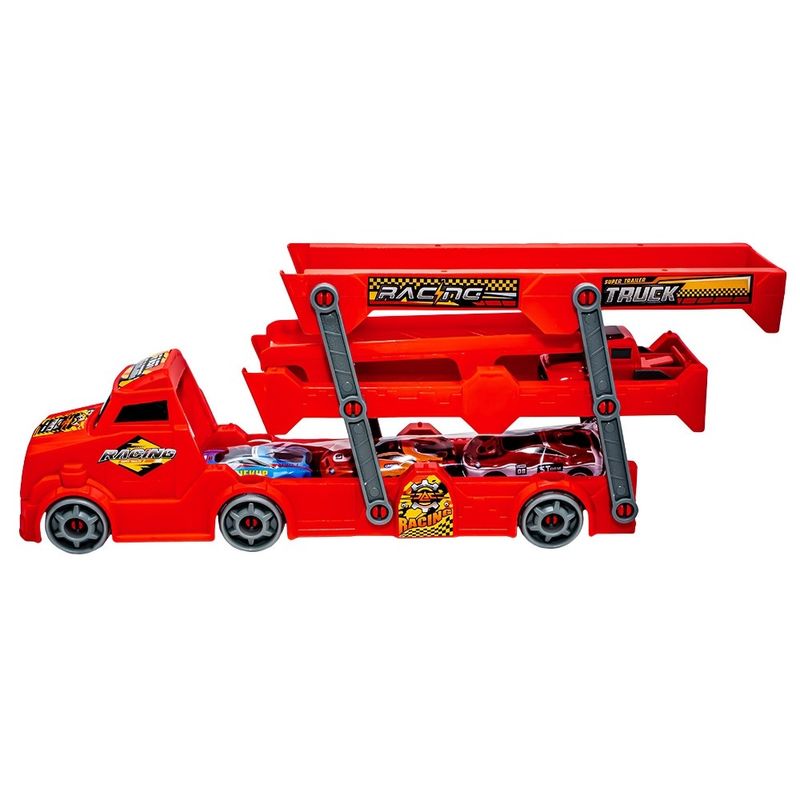 Jucarii, Copii si Bebe - Jucarii si jocuri - Vehicule si jucarii cu telecomanda - Masinute - Camion Transportor Auto cu Rampa Lansatoare, 3 Masinute Metalice si Camioneta Lansator, 3 Niveluri de Incarcare - Infinity.ro