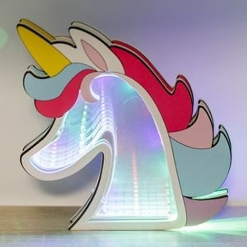 Casa si Gradina - Corpuri si surse de iluminat - Veioze si lampi - Lampi de veghe copii - Lampa Oglinda Infinity Unicorn, Lemn, Multicolor, LED - Infinity.ro