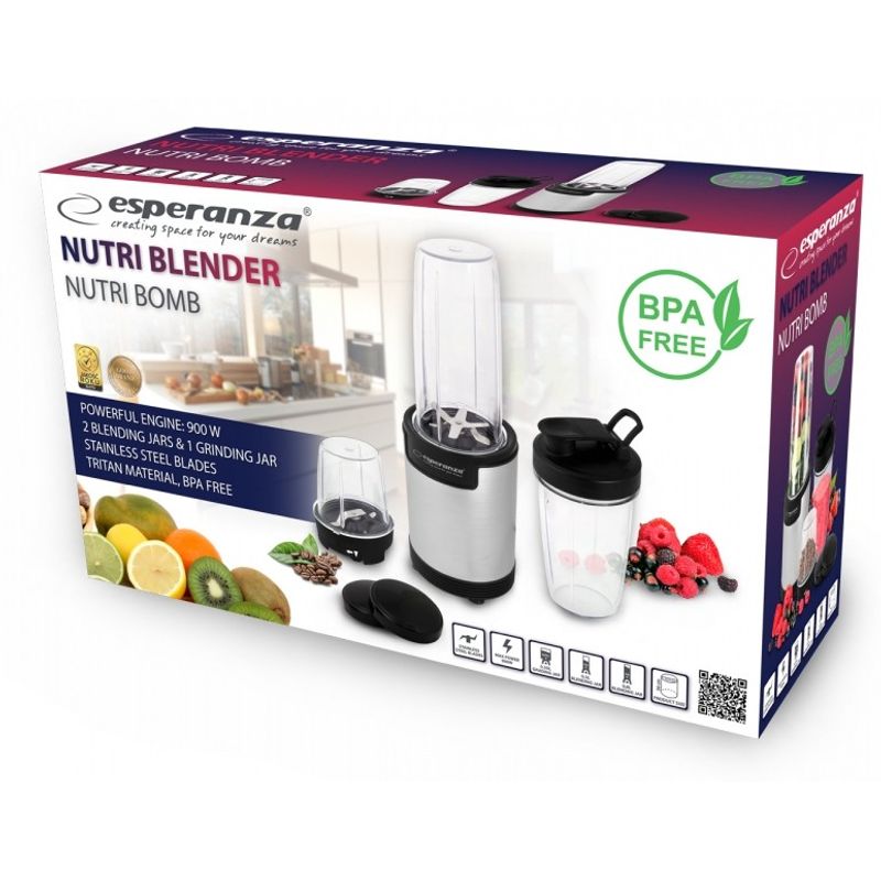 Electronice si Electrocasnice - Electrocasnice bucatarie - Mixere, tocatoare & roboti de bucatarie - Blendere si mini tocatoare - Blender de masa Esperanza Nutri Bomb 9in1 EKM030, 900 W, 800 ml, Argintiu - Infinity.ro