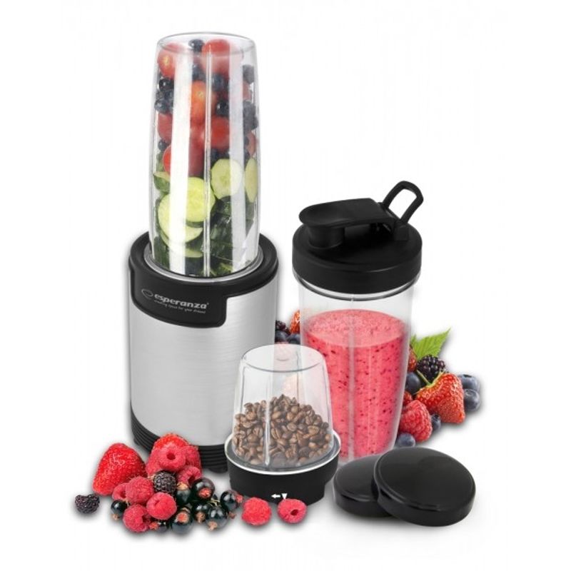 Electronice si Electrocasnice - Electrocasnice bucatarie - Mixere, tocatoare & roboti de bucatarie - Blendere si mini tocatoare - Blender de masa Esperanza Nutri Bomb 9in1 EKM030, 900 W, 800 ml, Argintiu - Infinity.ro