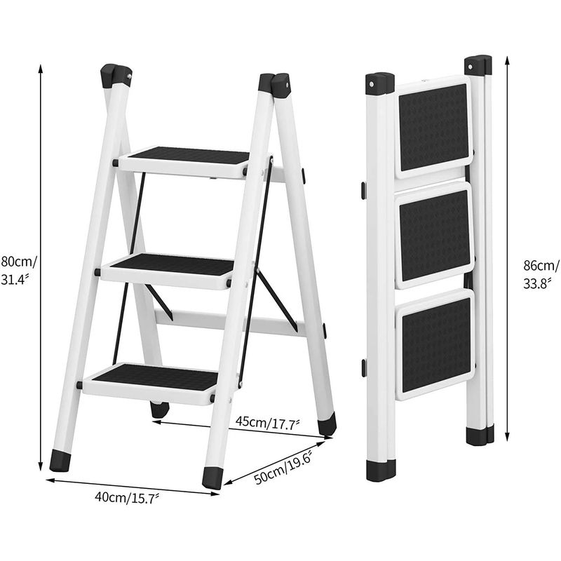 Casa si Gradina - Constructii - Scari si accesorii interioare - Scari aluminiu/ otel - Scara pliabila, cu 3 trepte late, suport triunghiular, maxim 150 kg, antiderapant, Alb/Negru, 36x60x78.5CM - Infinity.ro