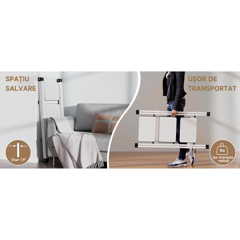Casa si Gradina - Constructii - Scari si accesorii interioare - Scari aluminiu/ otel - Scara pliabila, cu 3 trepte late, suport triunghiular, maxim 150 kg, antiderapant, Alb/Negru, 36x60x78.5CM - Infinity.ro