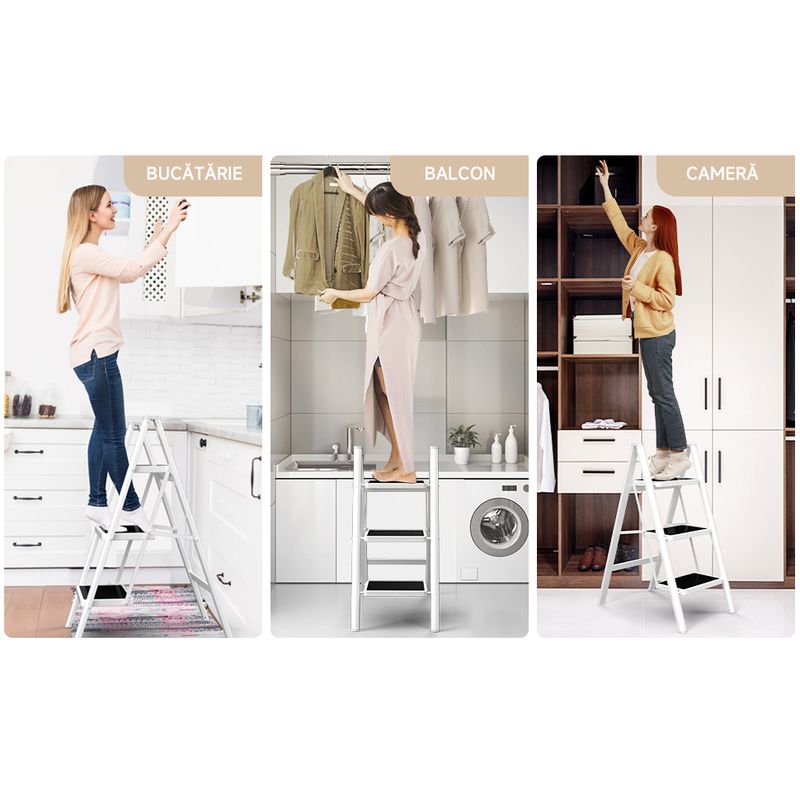 Casa si Gradina - Constructii - Scari si accesorii interioare - Scari aluminiu/ otel - Scara pliabila, cu 3 trepte late, suport triunghiular, maxim 150 kg, antiderapant, Alb/Negru, 36x60x78.5CM - Infinity.ro