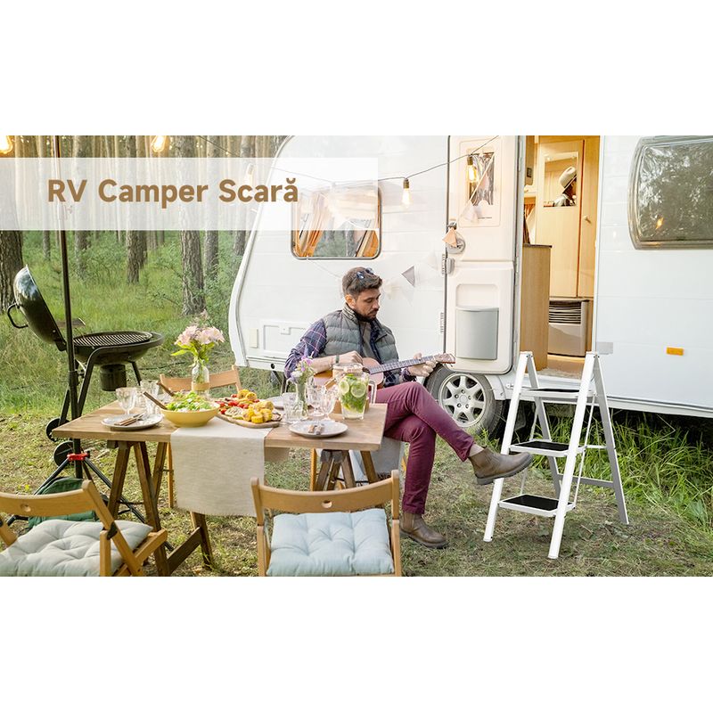 Casa si Gradina - Constructii - Scari si accesorii interioare - Scari aluminiu/ otel - Scara pliabila, cu 3 trepte late, suport triunghiular, maxim 150 kg, antiderapant, Alb/Negru, 36x60x78.5CM - Infinity.ro